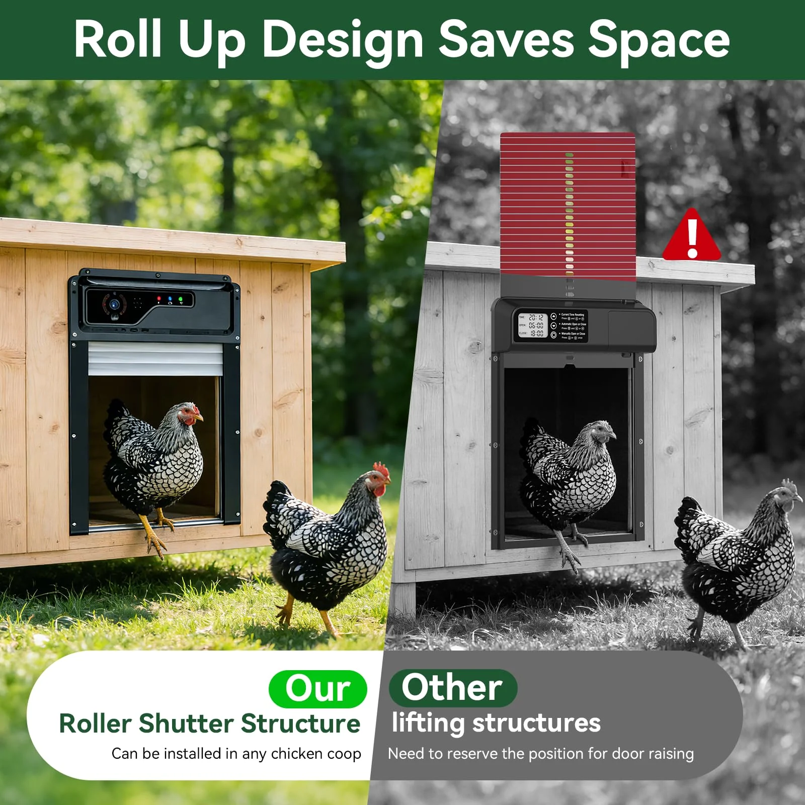 Roll-up smart coop door saves space compared with lifting doors