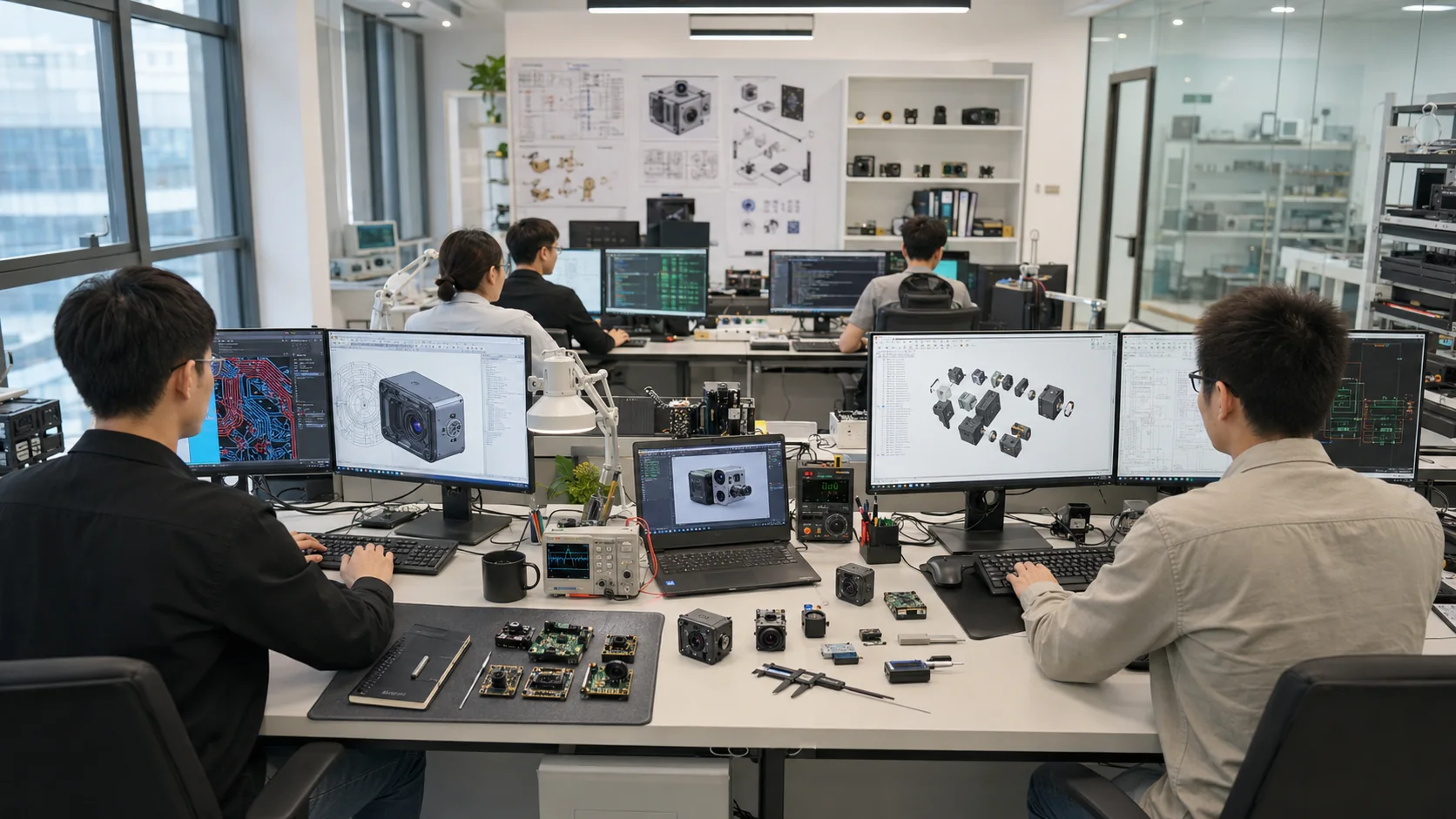 Shenzhen Focus Electronics camera engineering team working on circuit design, structure development and product testing