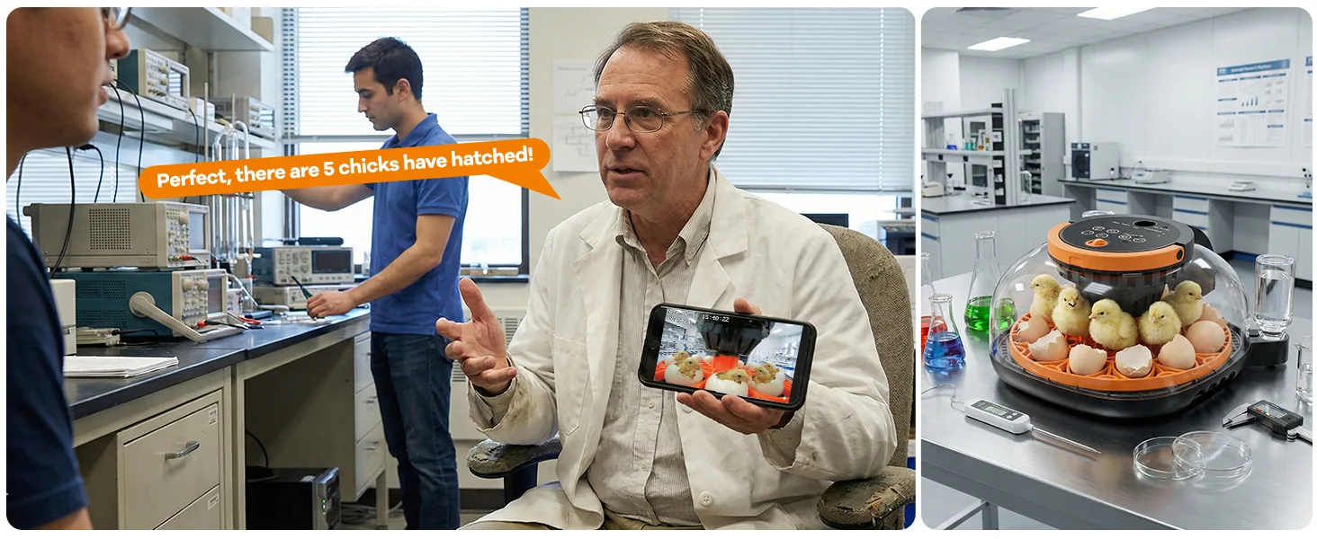 Smart incubator app confirms hatched chicks in lab presentation scene