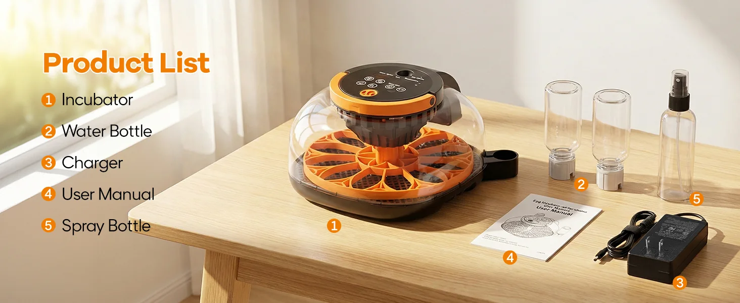 Automatic WiFi 12 eggs incubator package list including water bottle, charger, manual and spray bottle