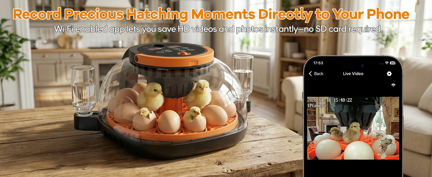 Record hatching videos and photos directly to phone through incubator app