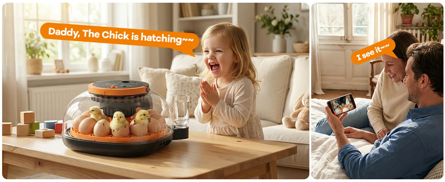 Family watching a smart incubator hatch chicks